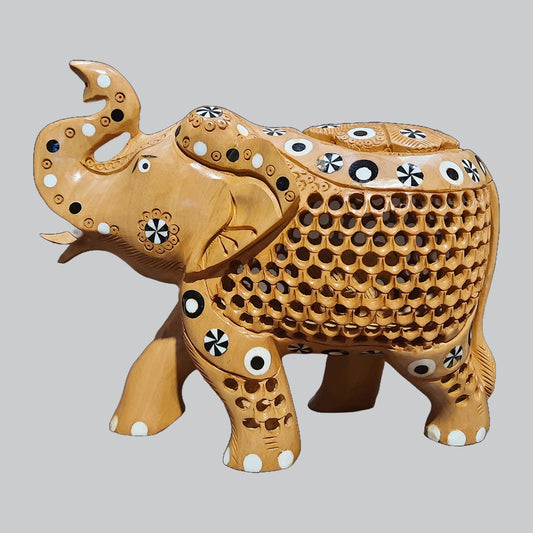 Kadam Wood Elephant with Undercut & Inlay Work Up Trunk 6 in