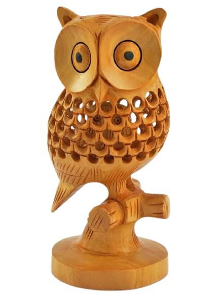 4" Wooden Carving Undercut Jali Work Owl Statue Beautiful Animal Figurines Showpiece Gifts for Home Decoration (Brown)