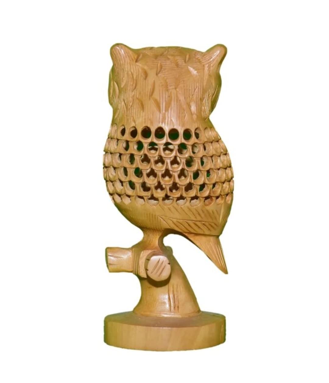 4" Wooden Carving Undercut Jali Work Owl Statue Beautiful Animal Figurines Showpiece Gifts for Home Decoration (Brown)