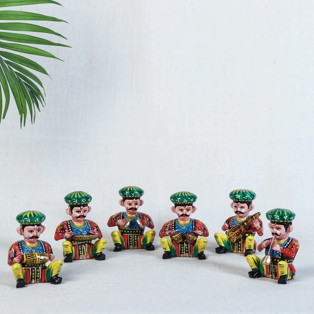 Wooden Handcrafted Decorative Multicolor Wooden Musicians Bawla Set of 6 Lightweight