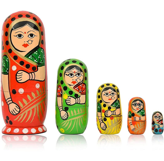 Handmade Indian Wooden Toys Nesting Doll Stacking Dolls Russian Matryoshka Doll Handicraft Items for Home Decor- Set of 5 Piece (Lady in Multi-Color Saree) (5 Color)