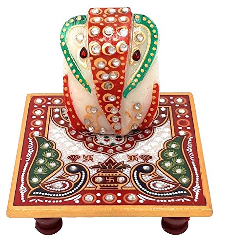 Marble Handicraft Chowki Ganesh Export Quality Finishing Work Figurine for Home Decor, Gift, Puja Purpose - Standard size, Multicolour