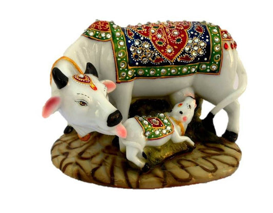 Polyresin Handmade Cow and Calf Showpiece Idols and Figurines for Spiritual Vaastu Nandi Pooja Decorative Sculpture for Puja Gifts & Decoration Items for Home Décor, Multicolor