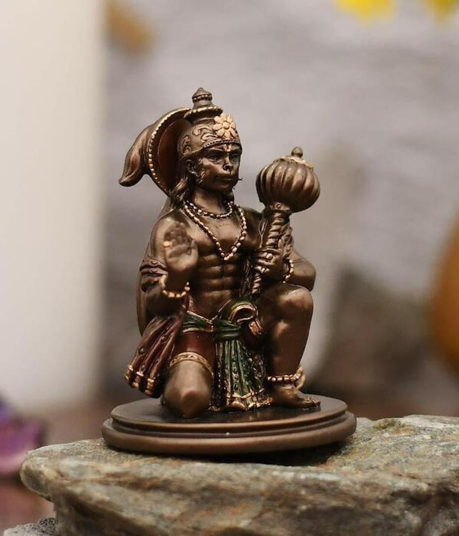 Cold Cast Resin Hanuman Ji Showpiece Antique Decor Bajrangbali Statue Idols (3 Inches, Metal Finish), Brown, Religious