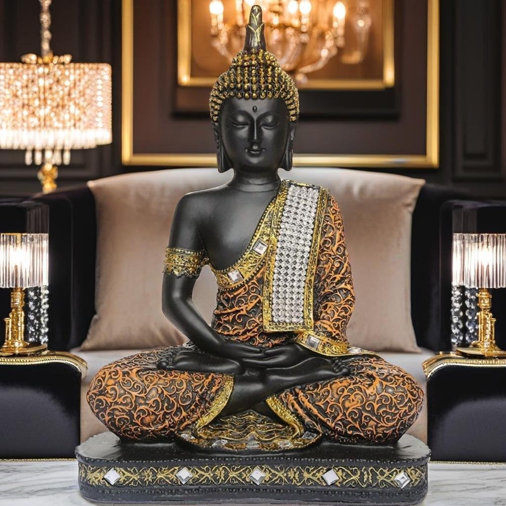 Meditating Sitting Buddha Statue showpiece Idol Home Decor Items for Living Room and Gifts (1, Orange Black)