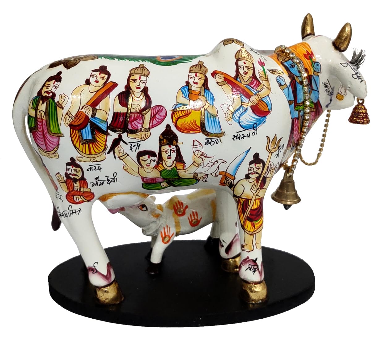 Resin Idol Kamdhenu Wish Cow & Calf: Hindu Gods Painted Good Luck Statue