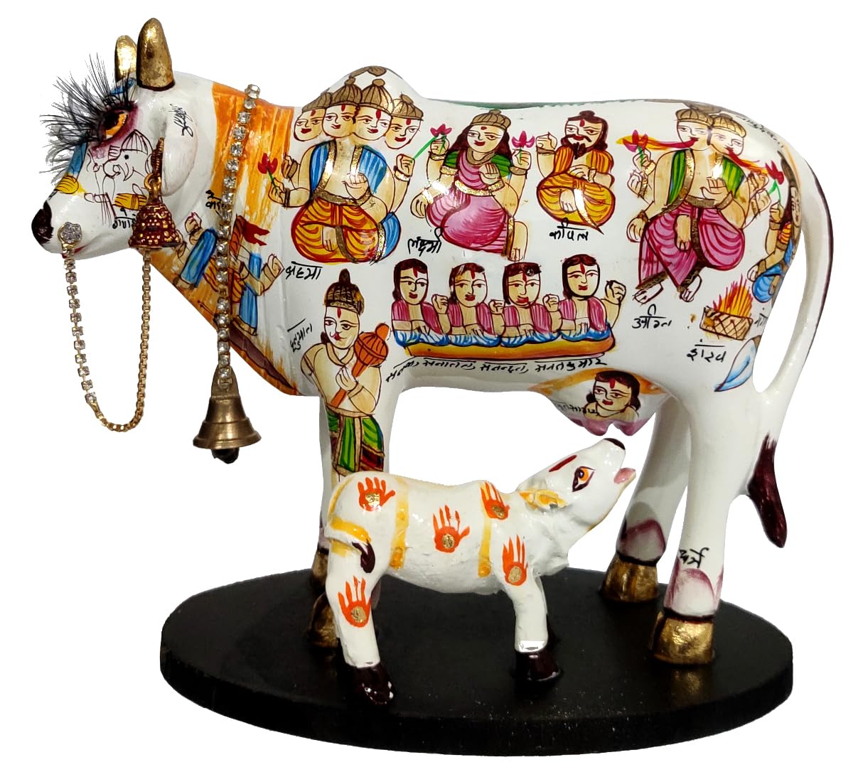 Resin Idol Kamdhenu Wish Cow & Calf: Hindu Gods Painted Good Luck Statue