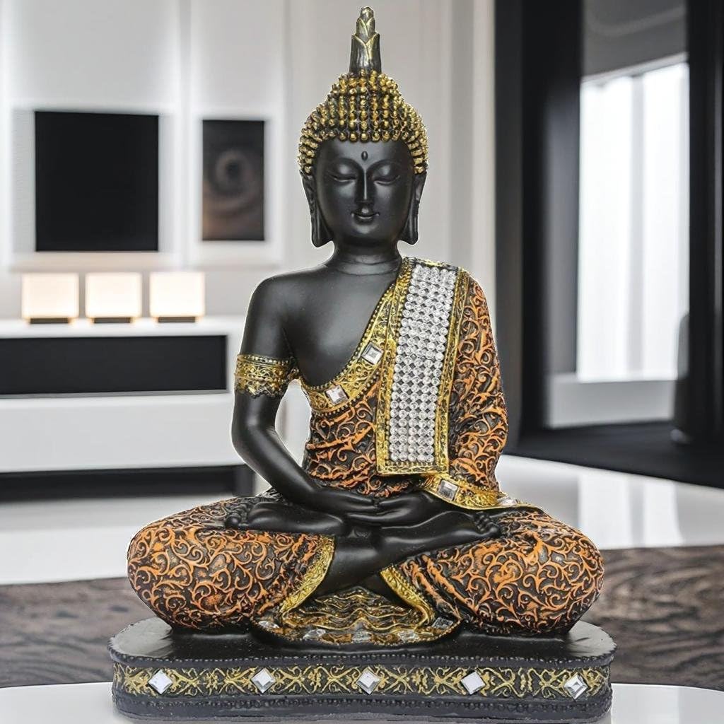 Meditating Sitting Buddha Statue showpiece Idol Home Decor Items for Living Room and Gifts (1, Orange Black)