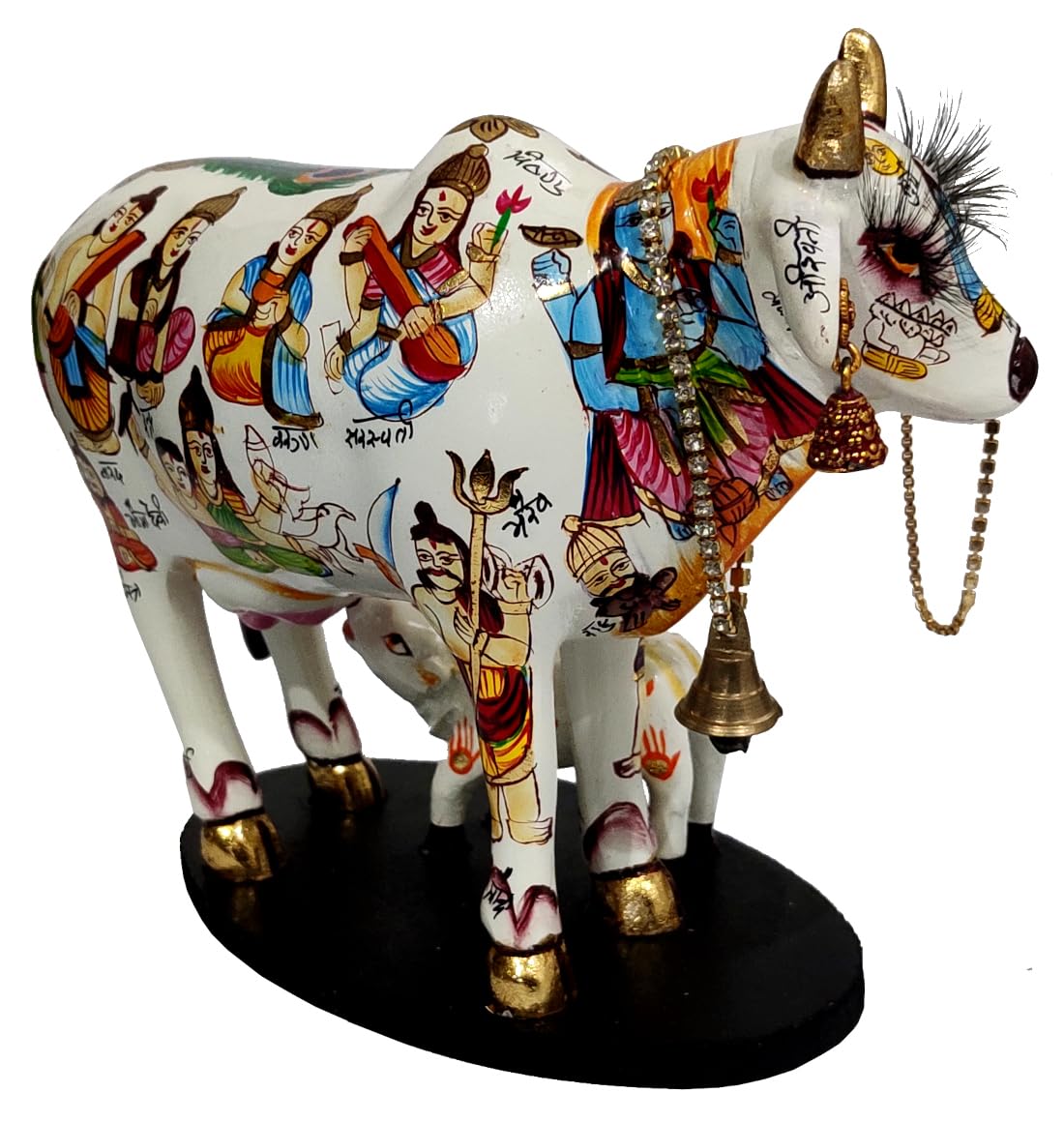 Resin Idol Kamdhenu Wish Cow & Calf: Hindu Gods Painted Good Luck Statue