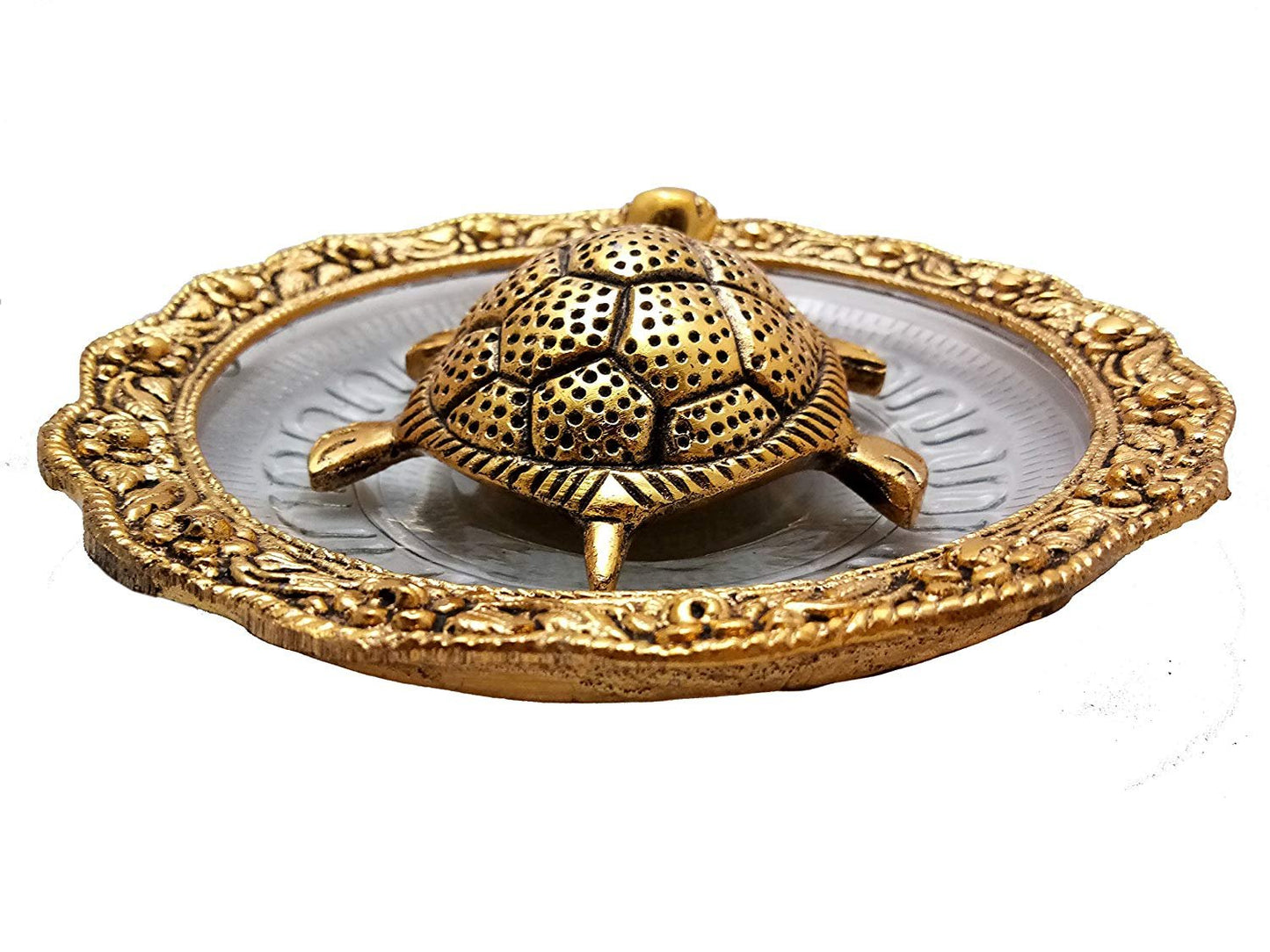 Metal Feng Shui Golden Tortoise on Glass Plate - 5.5 inches Turtle Showpiece for Good Luck Vastu - Kachua for Home, Office, Living Room, Hotel - Gift for Girlfriend Her Him Mom Dad