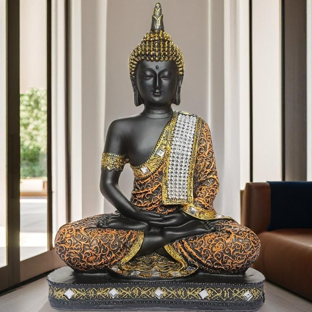 Meditating Sitting Buddha Statue showpiece Idol Home Decor Items for Living Room and Gifts (1, Orange Black)