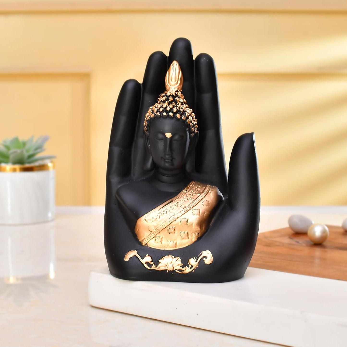 Golden Handcrafted Palm Buddha Idol for Home,Office and Gifts - Palm Buddha Hand Statues for Living Room Mandir Pooja Room Living Room Diwali Decor