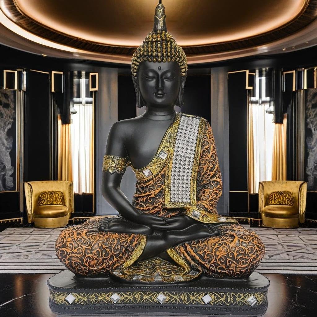 Meditating Sitting Buddha Statue showpiece Idol Home Decor Items for Living Room and Gifts (1, Orange Black)