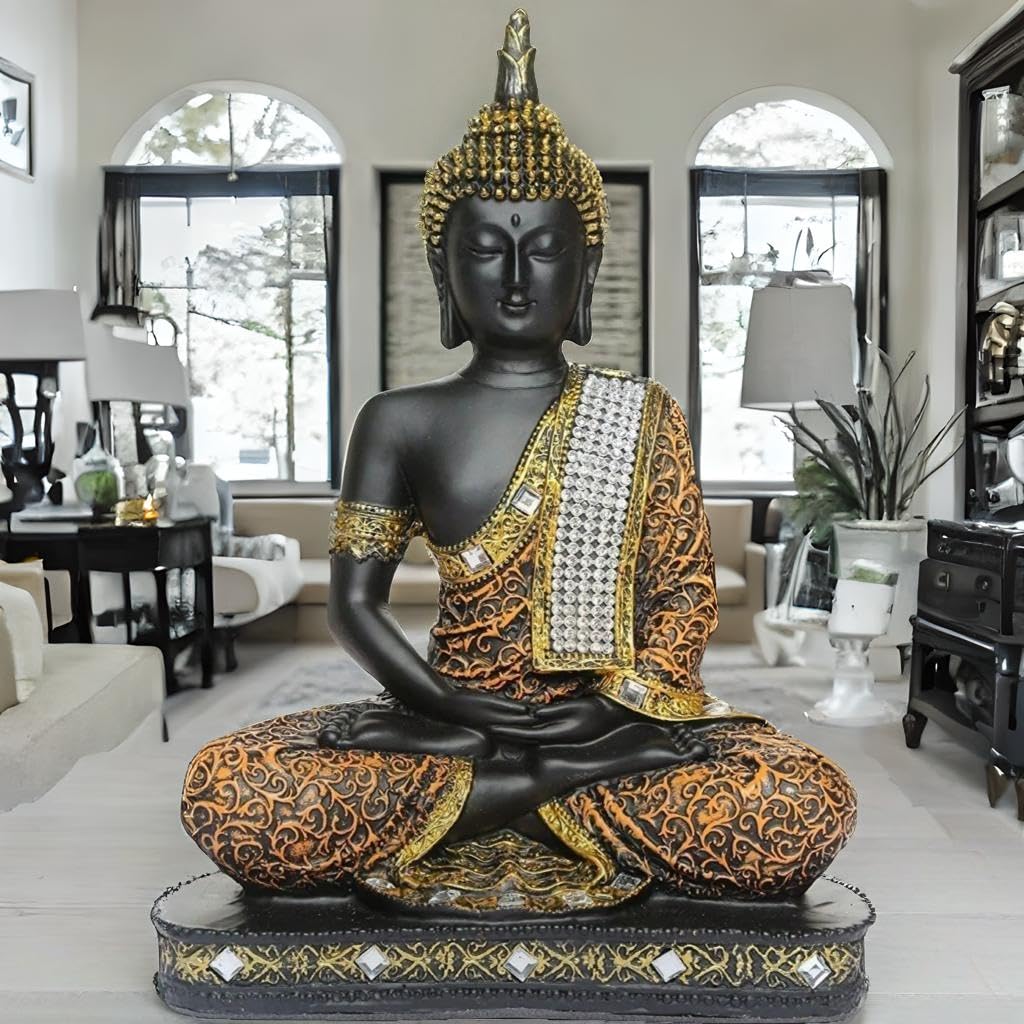 Meditating Sitting Buddha Statue showpiece Idol Home Decor Items for Living Room and Gifts (1, Orange Black)