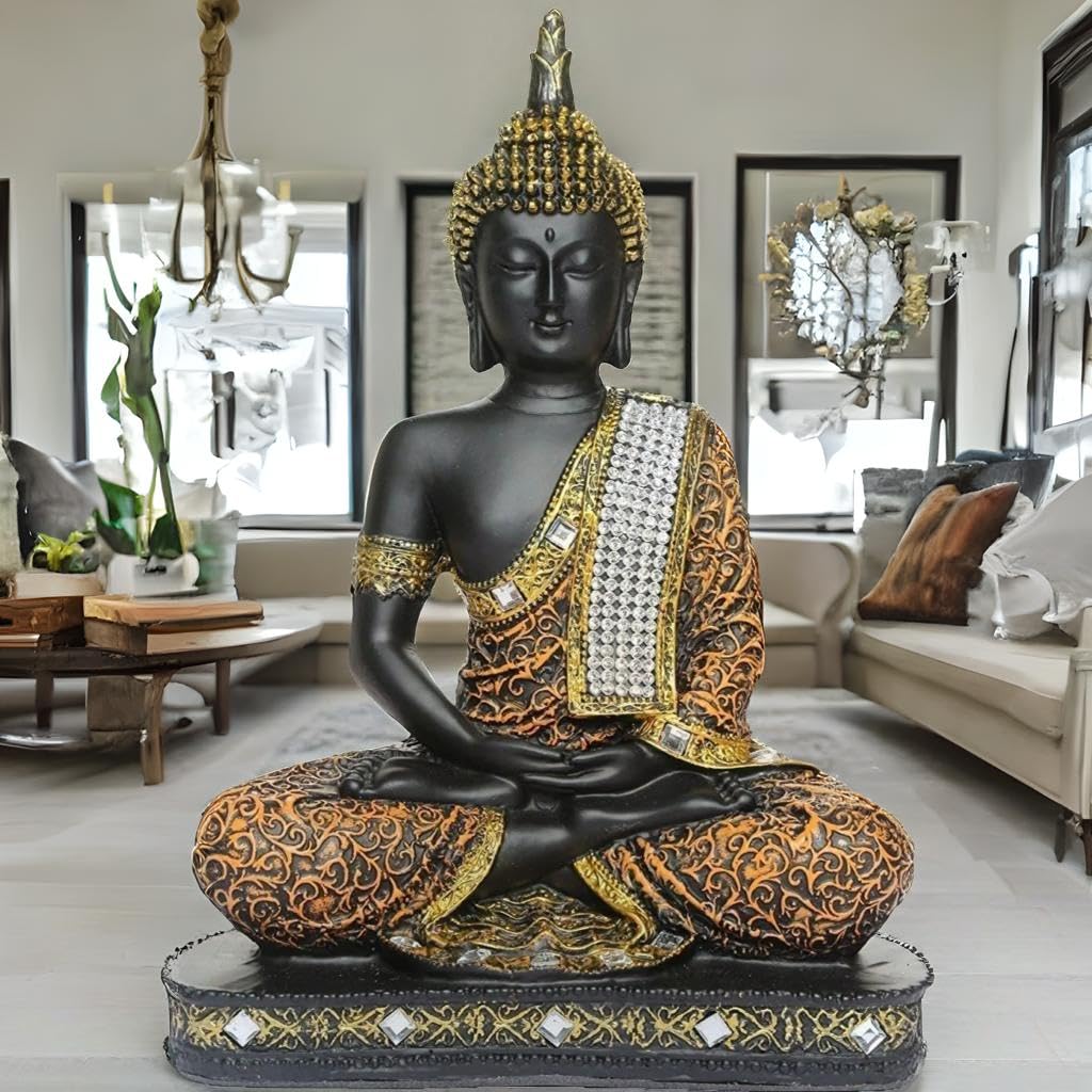 Meditating Sitting Buddha Statue showpiece Idol Home Decor Items for Living Room and Gifts (1, Orange Black)