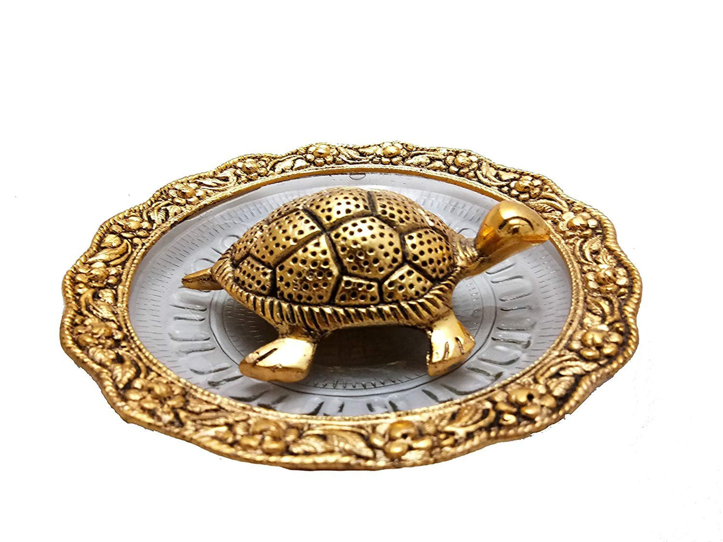 Metal Feng Shui Golden Tortoise on Glass Plate - 5.5 inches Turtle Showpiece for Good Luck Vastu - Kachua for Home, Office, Living Room, Hotel - Gift for Girlfriend Her Him Mom Dad