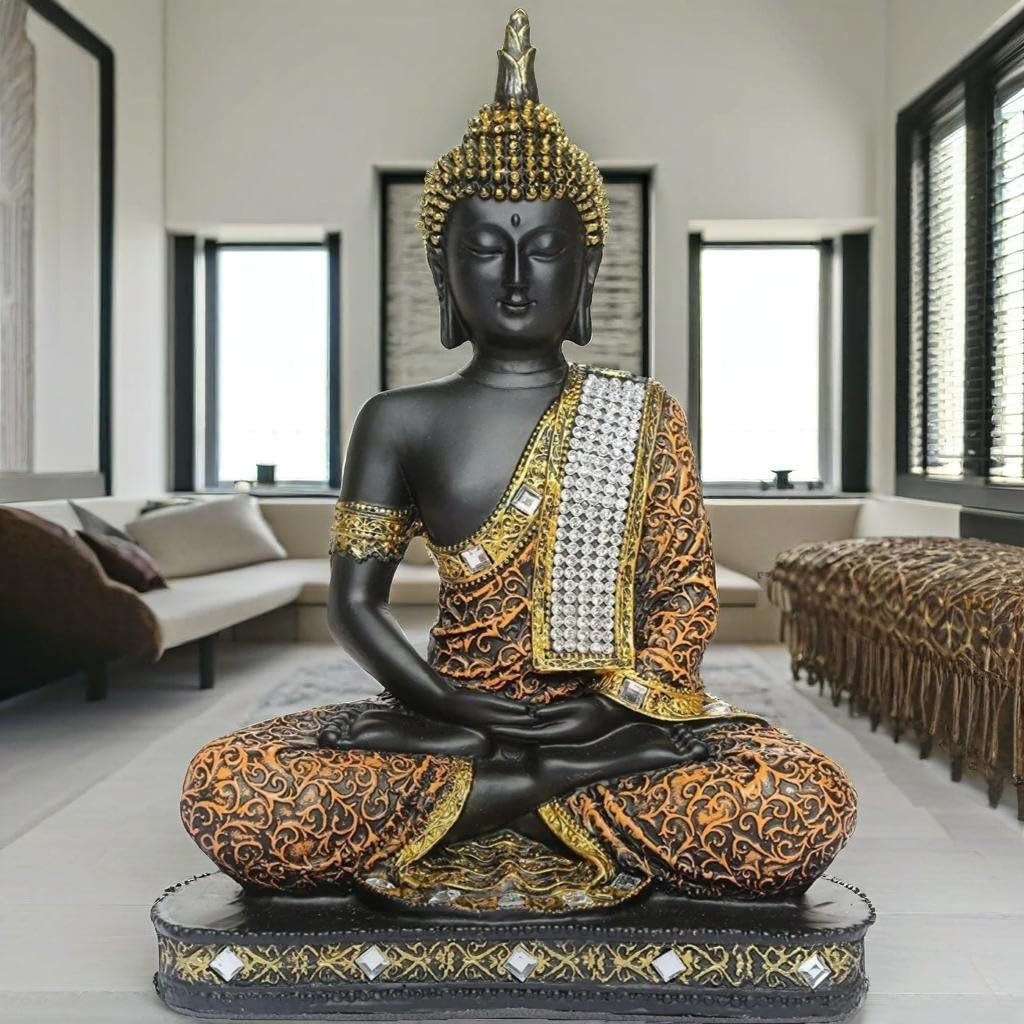 Meditating Sitting Buddha Statue showpiece Idol Home Decor Items for Living Room and Gifts (1, Orange Black)