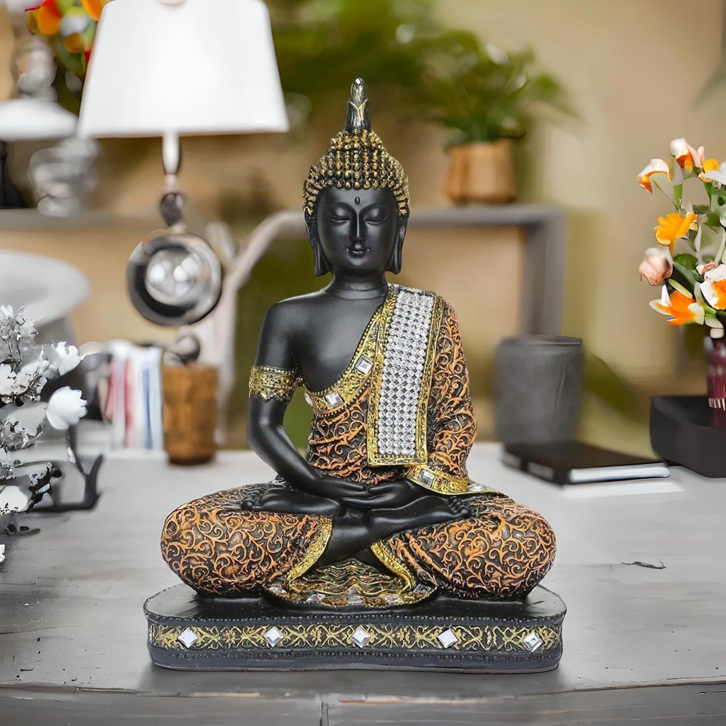 Meditating Sitting Buddha Statue showpiece Idol Home Decor Items for Living Room and Gifts (1, Orange Black)