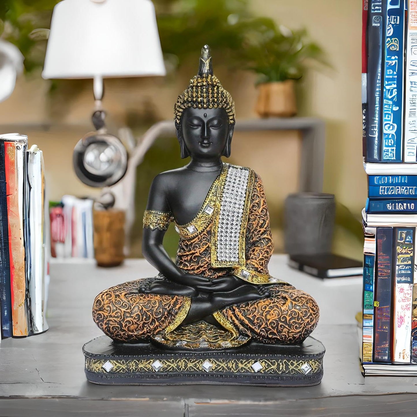 Meditating Sitting Buddha Statue showpiece Idol Home Decor Items for Living Room and Gifts (1, Orange Black)