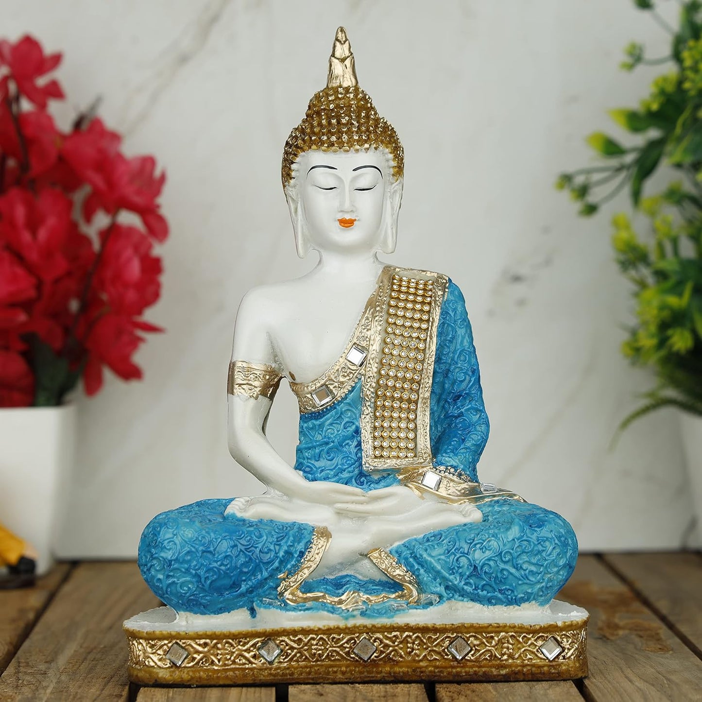 Meditating Sitting Buddha Statue showpiece Idol Home Decor Items for Living Room and Gifts (1, Orange Black)