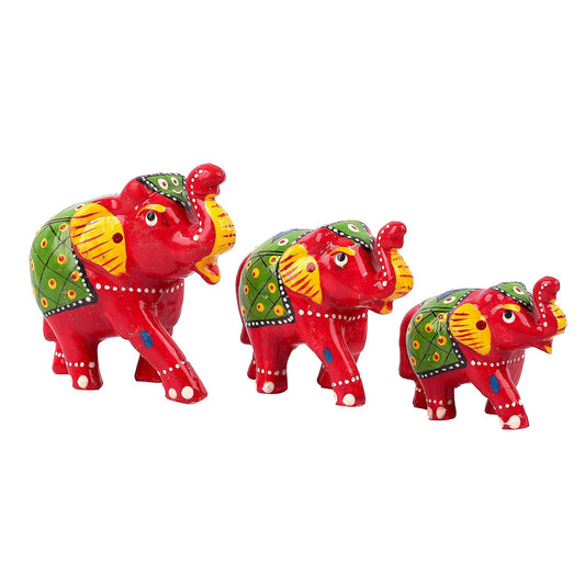 Paper Mache Handcrafted Set Of 3 Elephant Action Showpiece Idols For Home Decor And Gift Purpose(White)