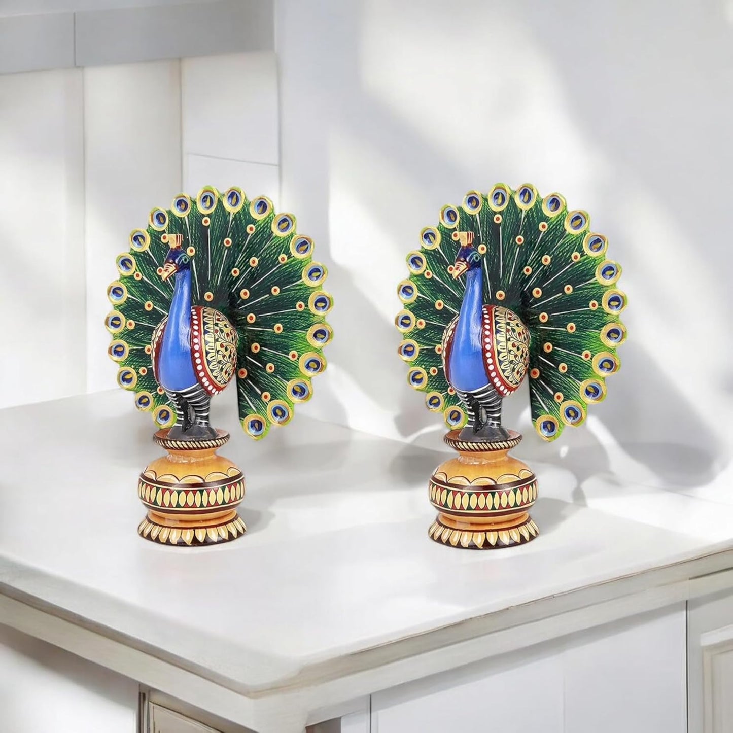 Wooden 3 Inches Peacock Showpiece Set of 2 for Home & Office Decor II Desk Organizer II Living Room II Guest Room II Office Decor II Gift Items