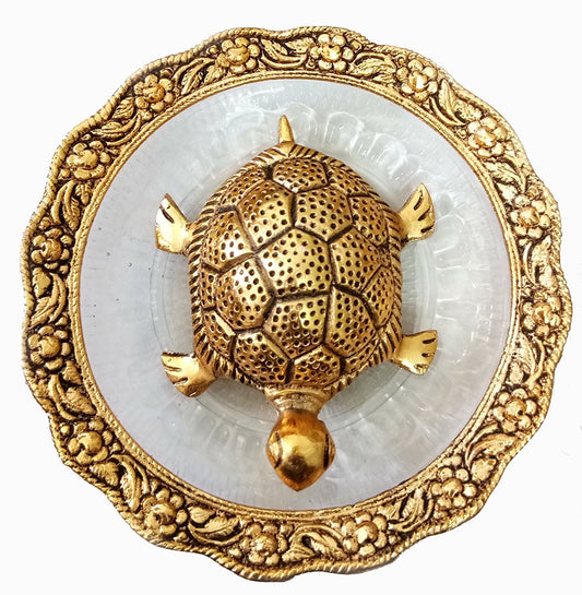 Metal Feng Shui Golden Tortoise on Glass Plate - 5.5 inches Turtle Showpiece for Good Luck Vastu - Kachua for Home, Office, Living Room, Hotel - Gift for Girlfriend Her Him Mom Dad