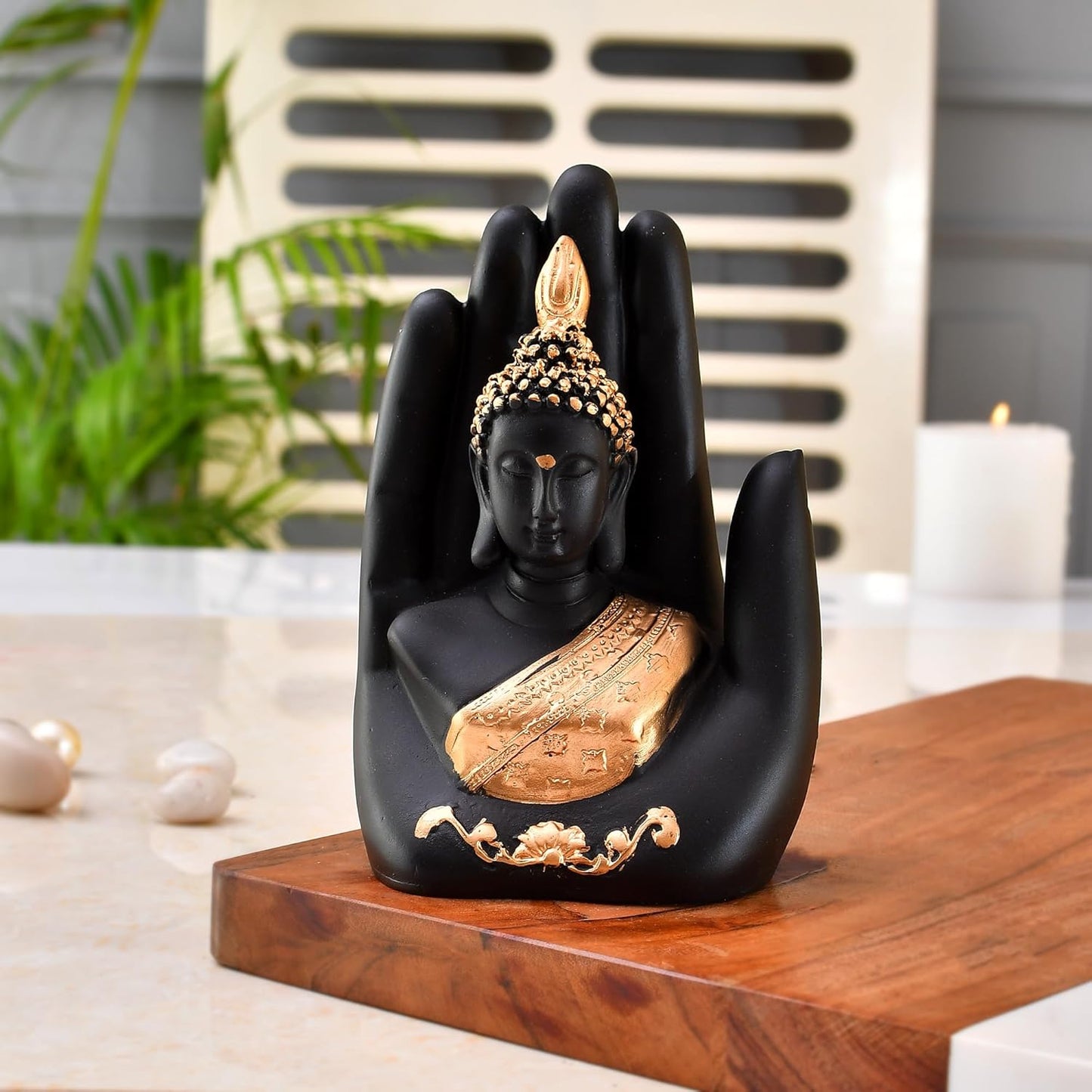 Golden Handcrafted Palm Buddha Idol for Home,Office and Gifts - Palm Buddha Hand Statues for Living Room Mandir Pooja Room Living Room Diwali Decor