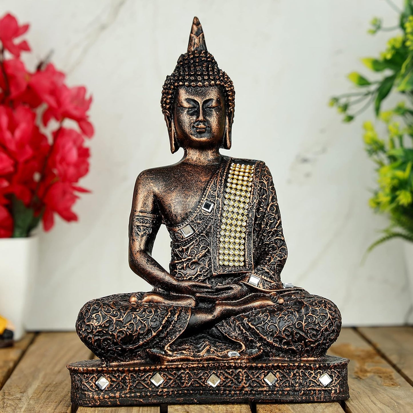 Meditating Sitting Buddha Statue showpiece Idol Home Decor Items for Living Room and Gifts (1, Orange Black)